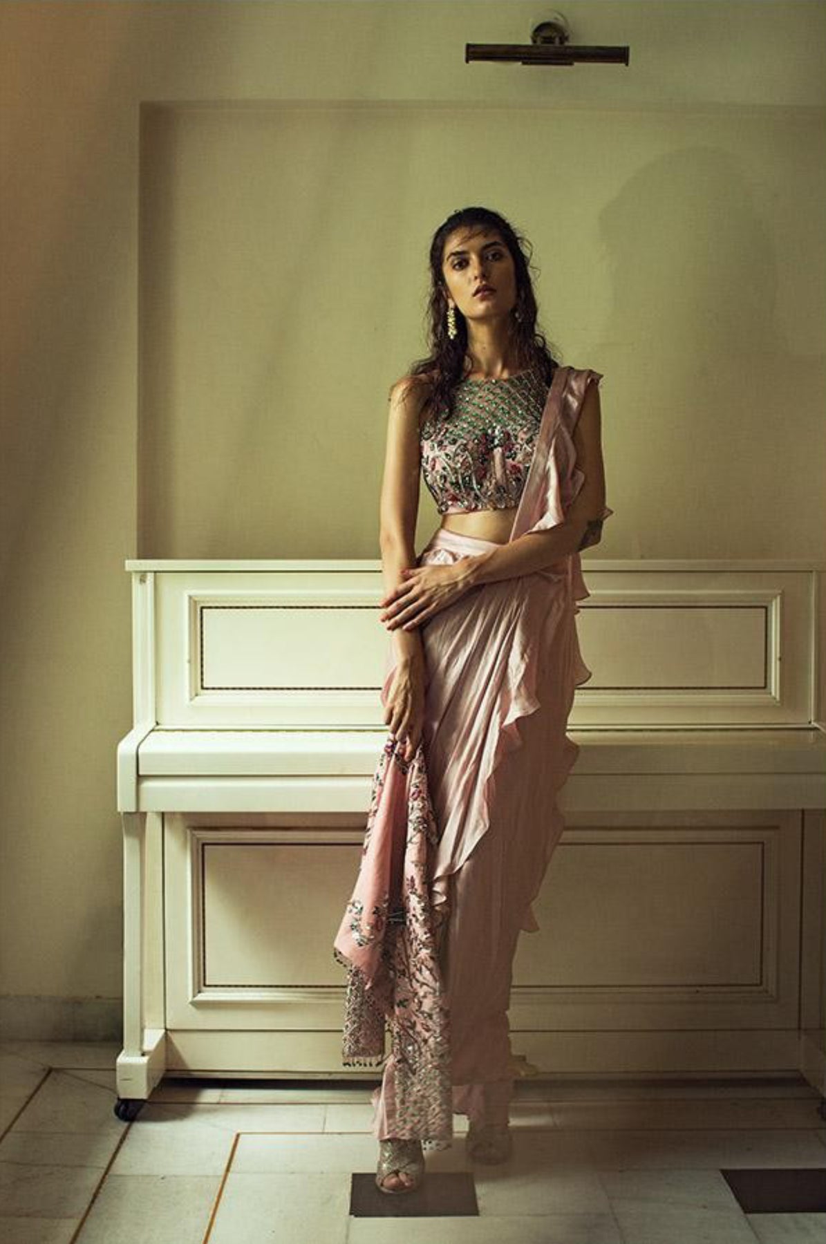 Dusty Pink and Beige Ruffle Embroidered Drape Saree with Jacket – Mani  Bhatia Designs